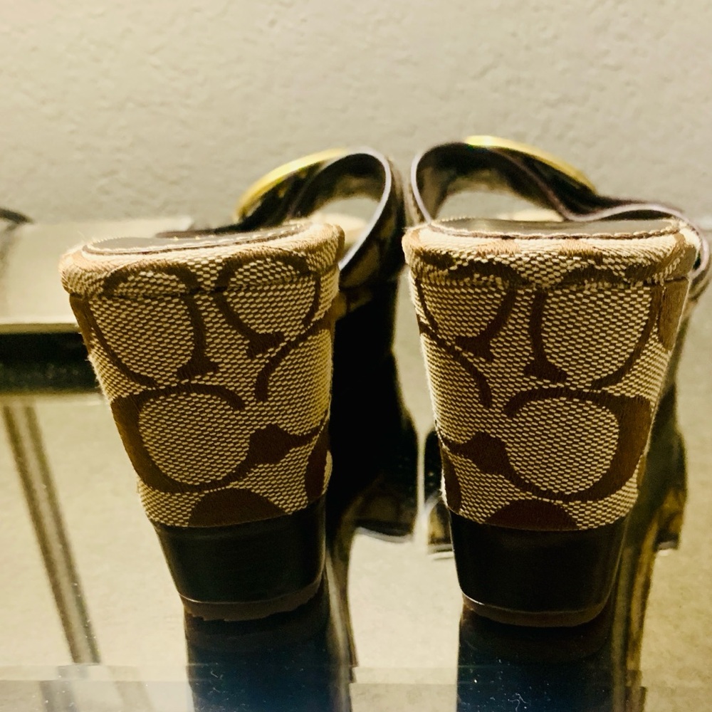 Coach Tan & Brown Signature Canvas Wedge Mules with Gold Buckle - Picture 7 of 7